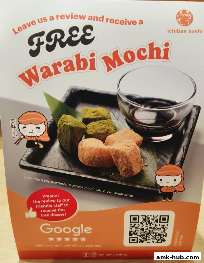 A promotional flyer for Ichiban Sushi offering free Warabi Mochi with a review.