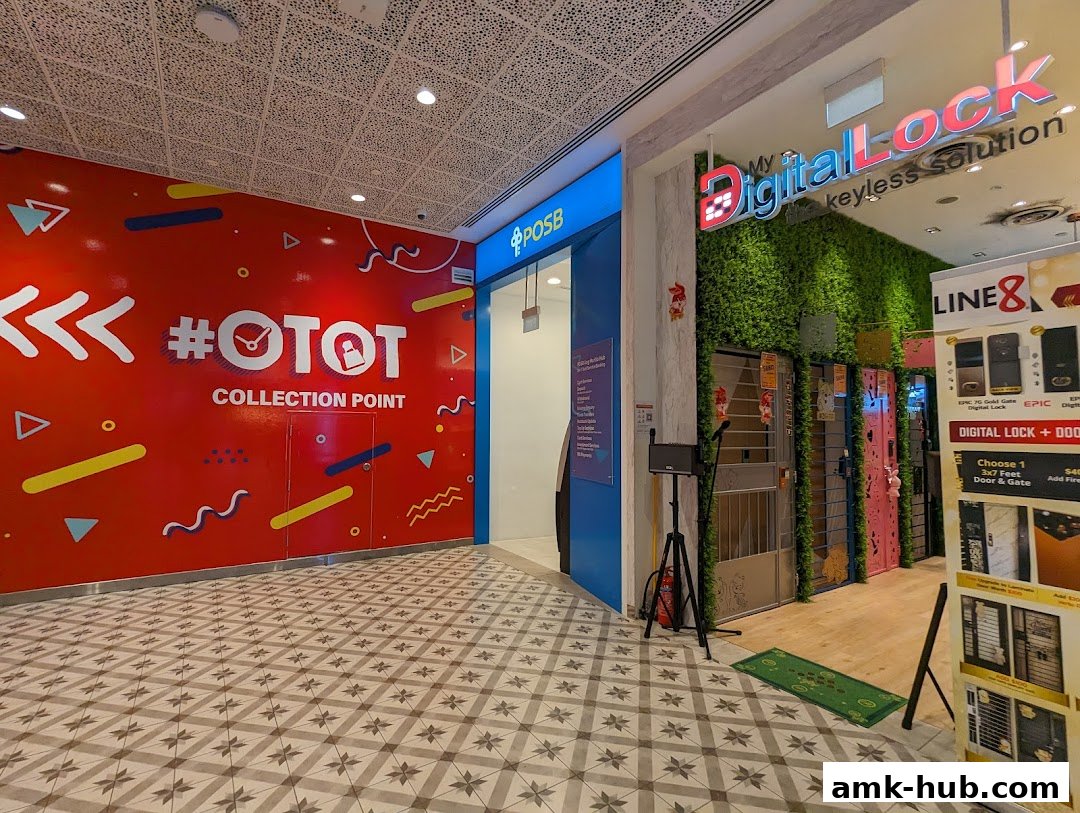 A POSB ATM and a digital lock shop with a green wall and product displays.
