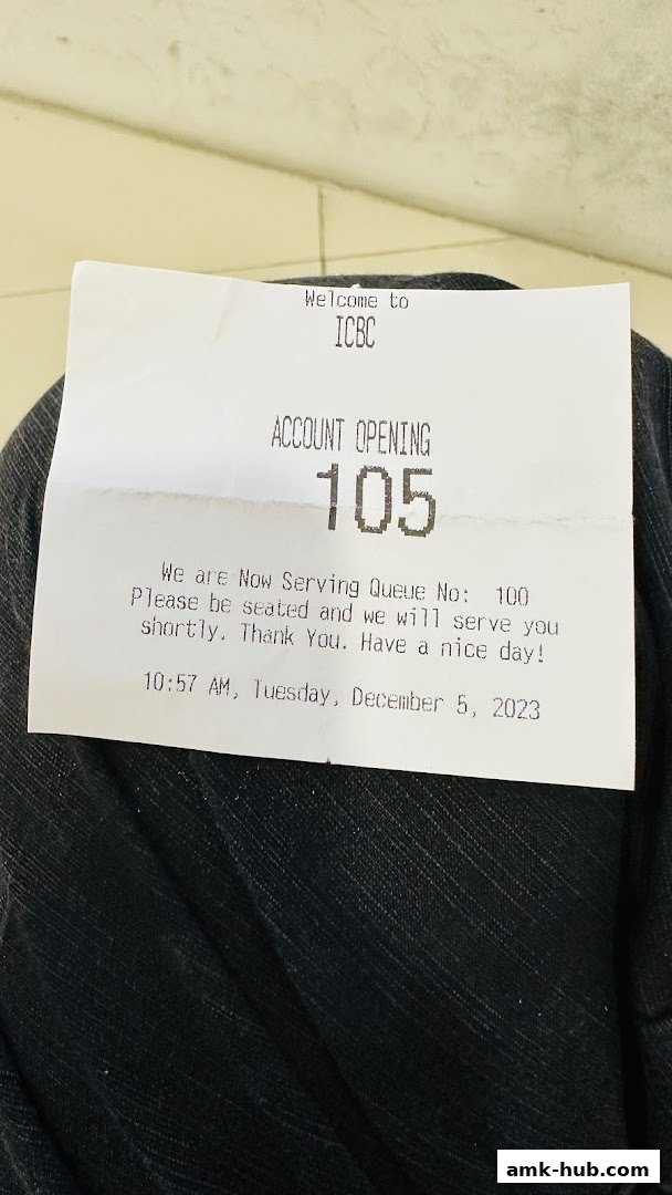 A queue ticket from ICBC for account opening, showing queue number 105.