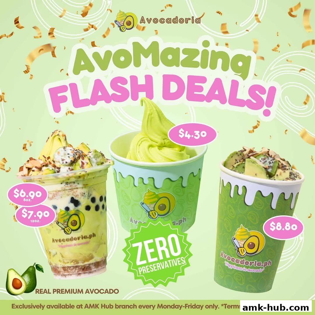 Avocadoria advertises flash deals on avocado-based drinks and desserts with prices.
