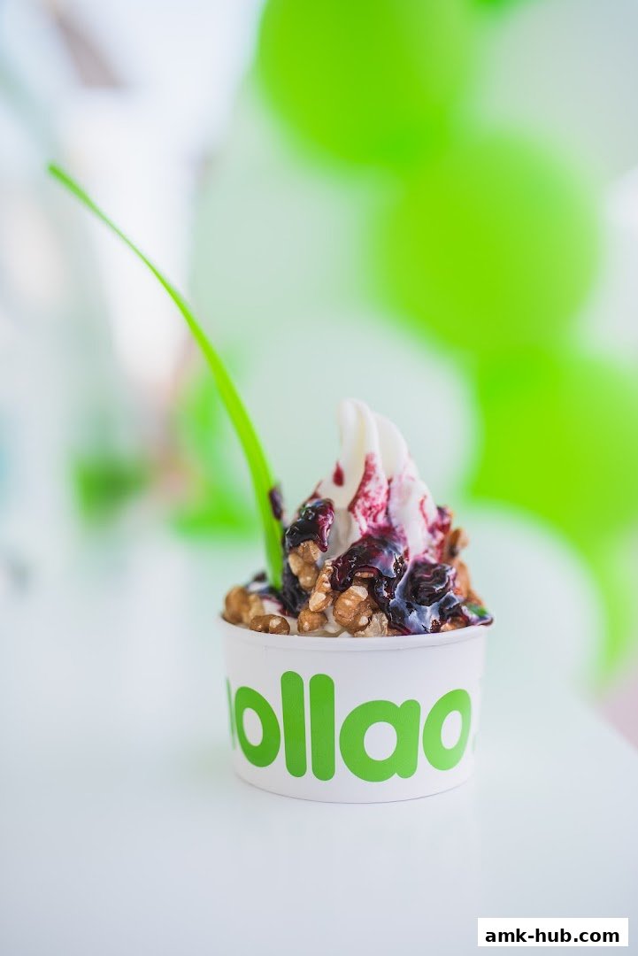 A cup of llaollao frozen yogurt topped with berry sauce and nuts.