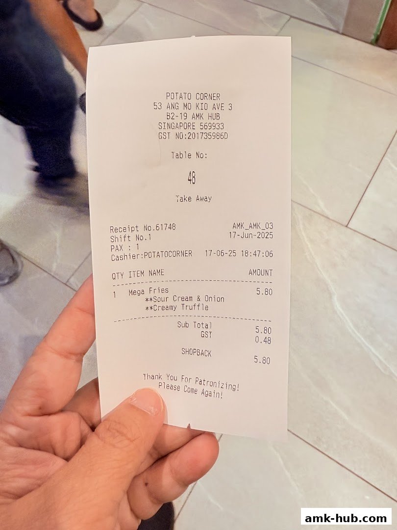 A receipt from Potato Corner showing a Mega Fries order with two flavor options.