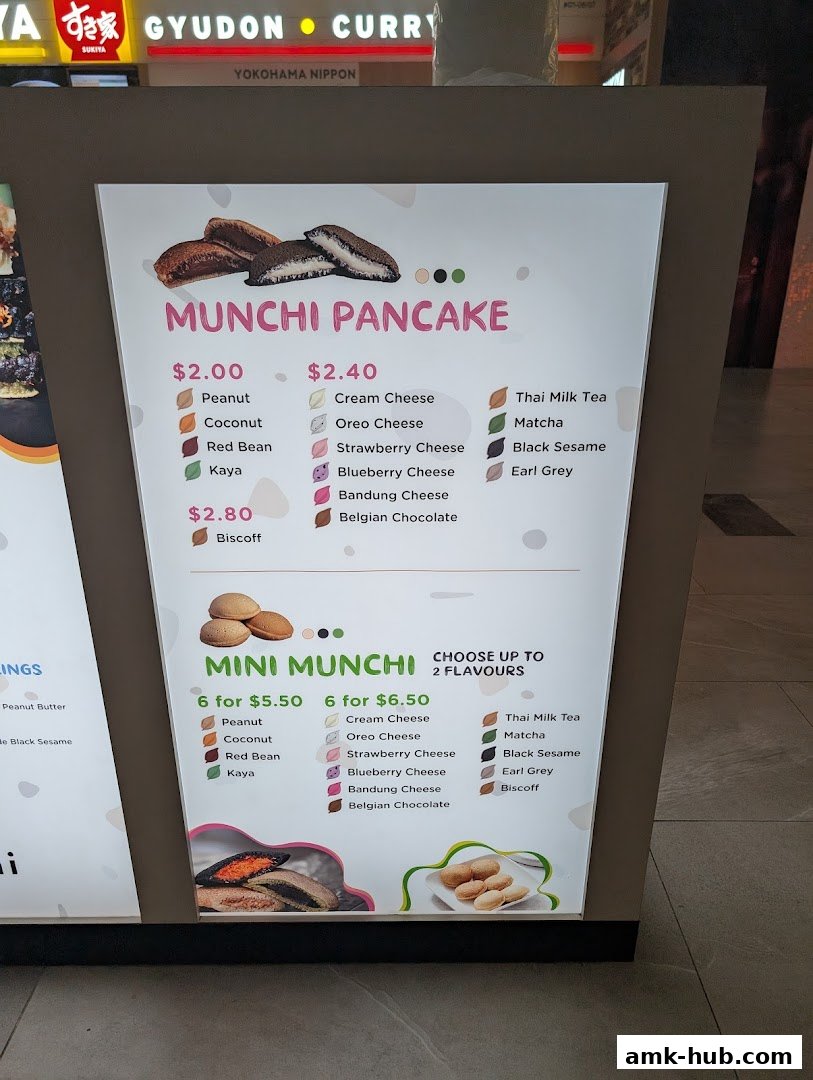 A menu board for Munchi Pancakes, showcasing various flavors and prices for regular and mini pancakes.