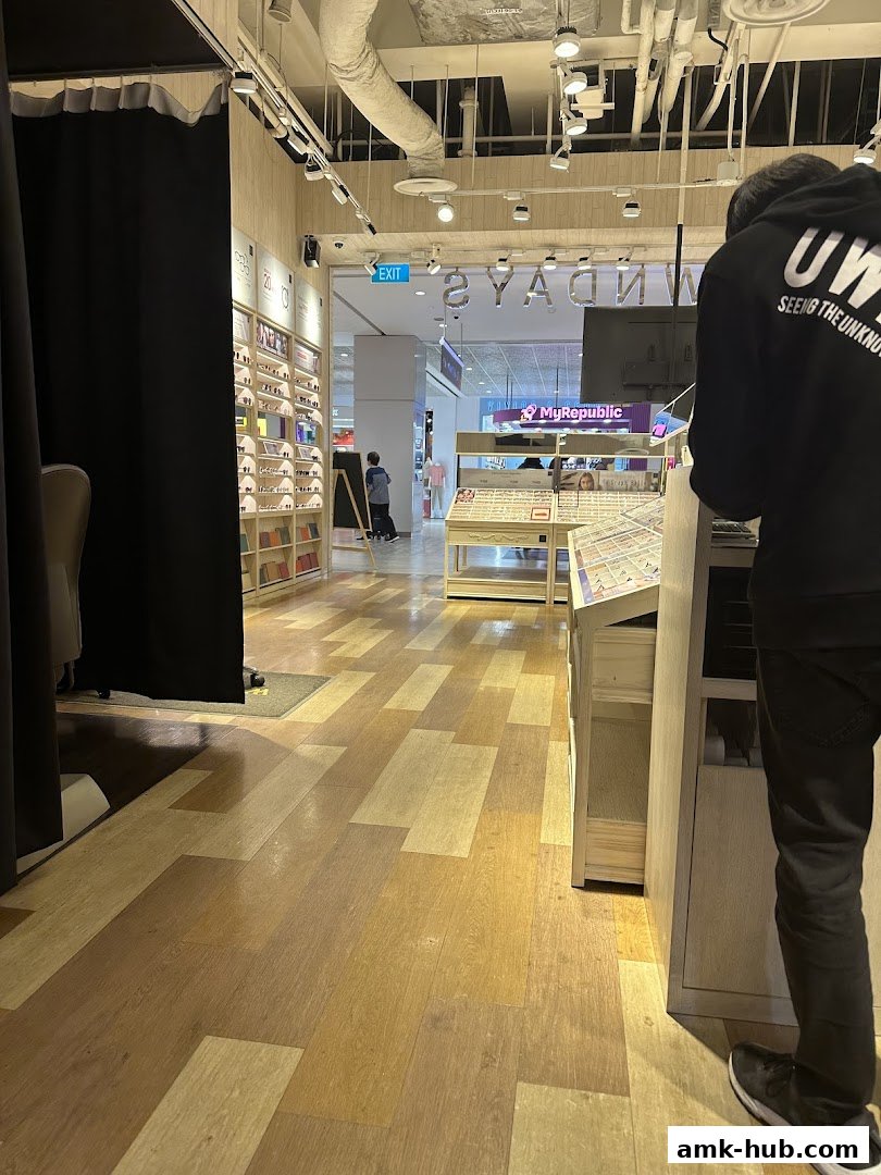 Interior view of an eyewear store with displays of glasses and a person standing.