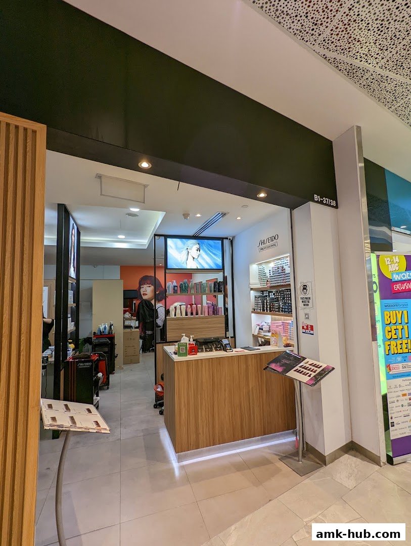 The entrance of Revival Hair Gallery, featuring a reception counter and hair products.