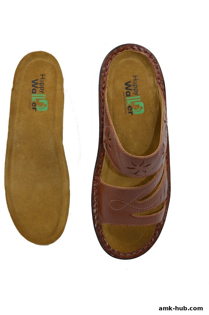 A brown leather sandal and its insole are displayed against a white background.