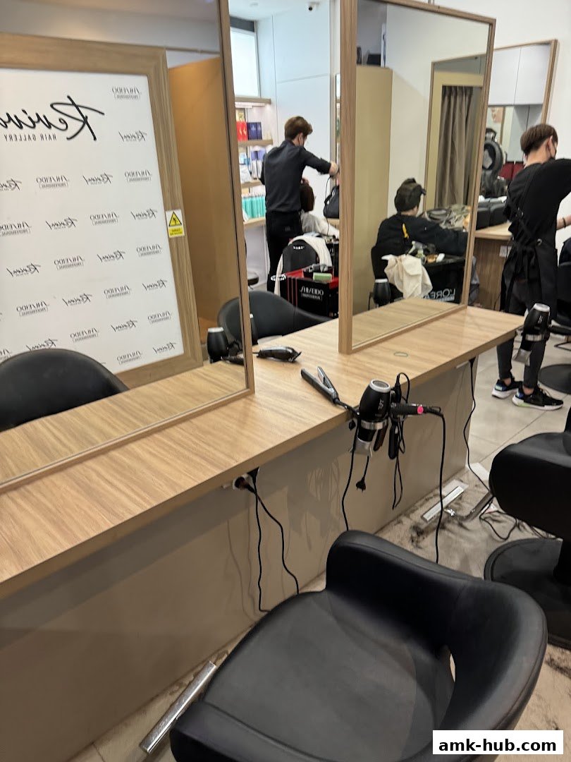 Hairdressers working on clients inside a modern salon with mirrors and styling equipment.