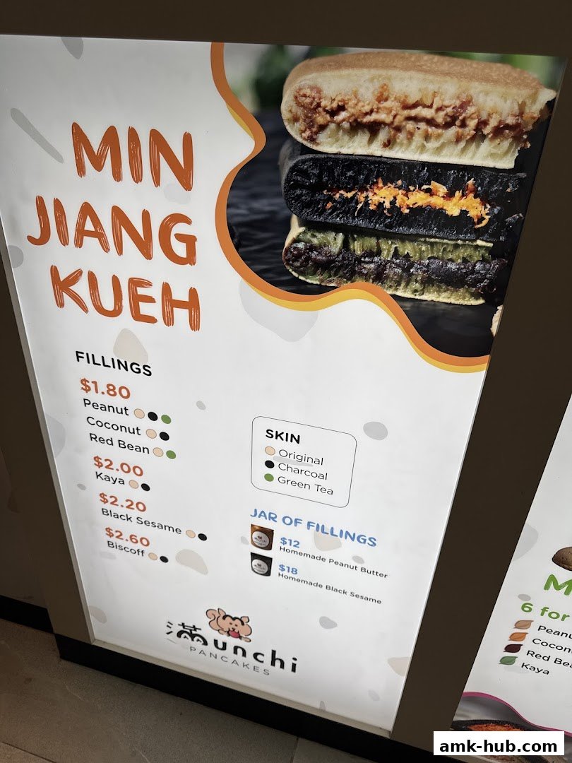 A menu board for Munchi Pancakes showcasing Min Jiang Kueh with various fillings and skin options.