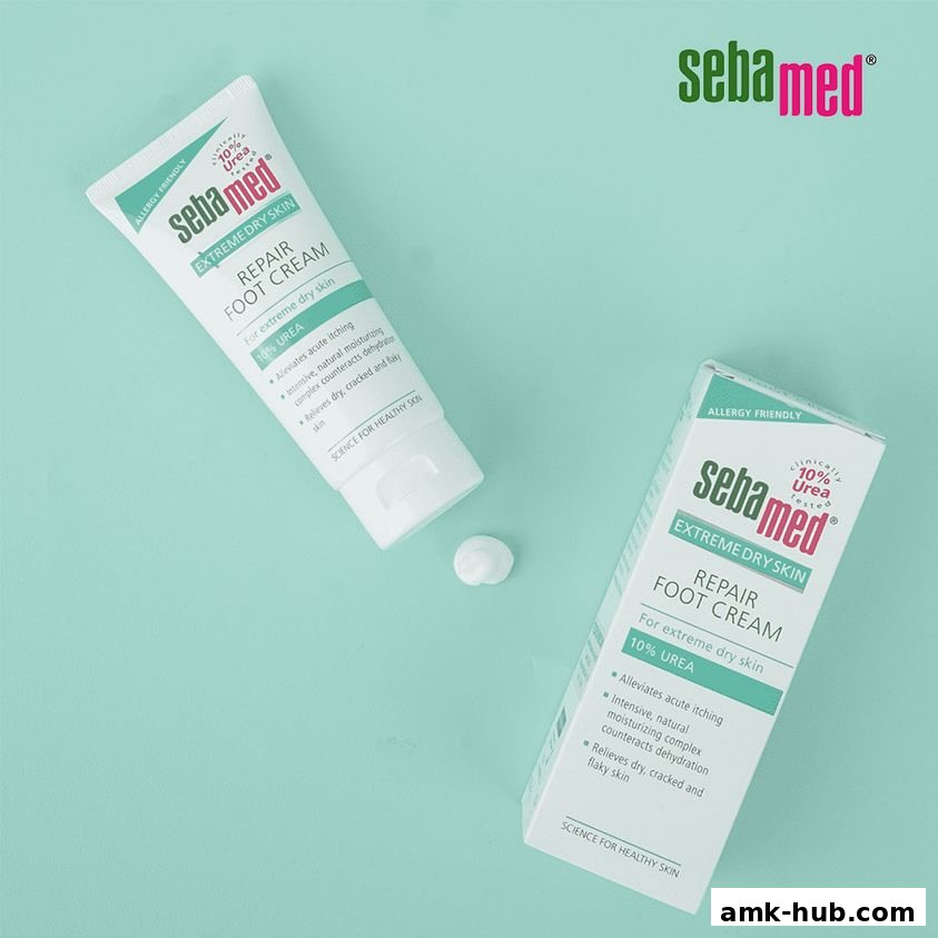 Two Sebamed Repair Foot Cream products, one tube and one box, displayed on a light blue background.