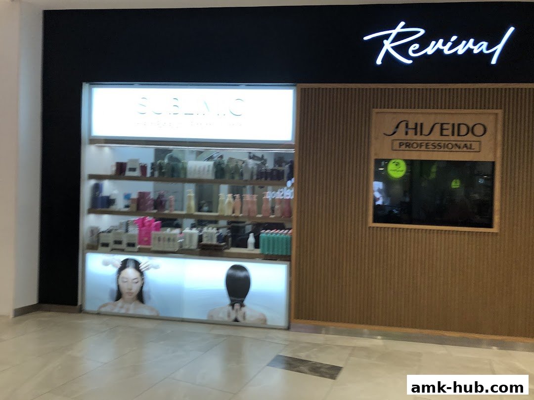 The Revival Hair Gallery shop front displays hair products and Shiseido Professional branding.