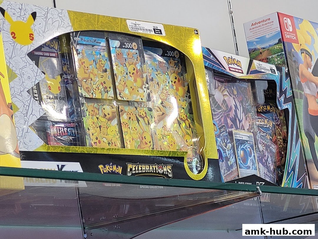 Pokemon trading card game products, including a Pikachu V Celebrations box and other booster packs.
