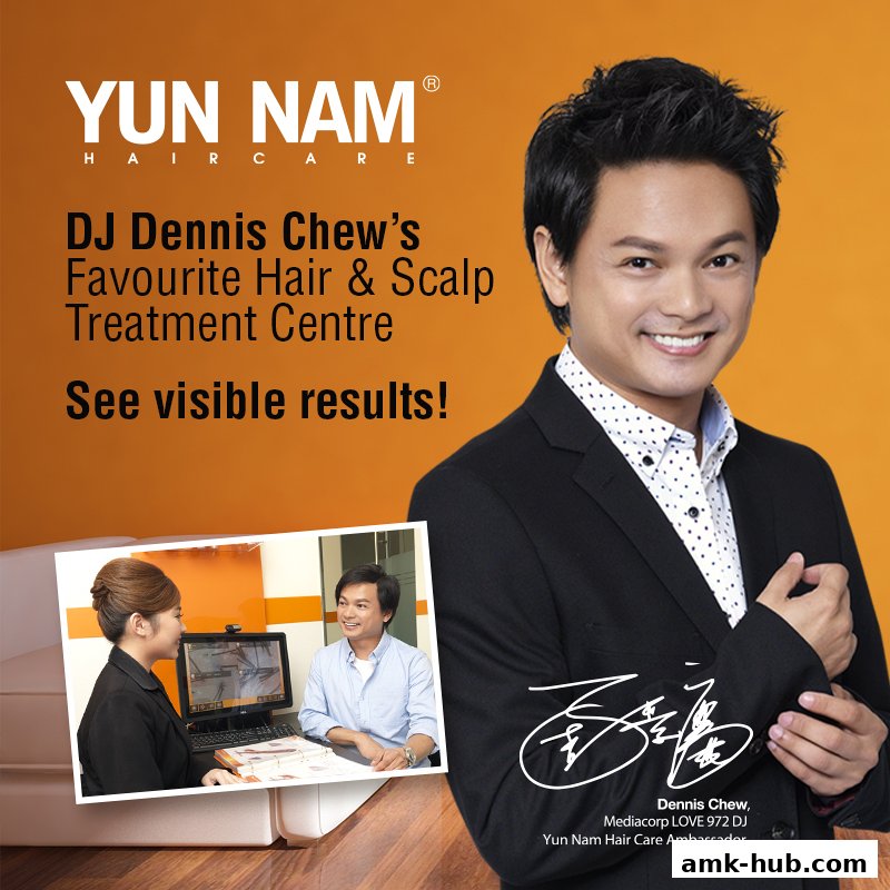 Advertisement for Yun Nam Hair Care featuring DJ Dennis Chew and a consultation scene.