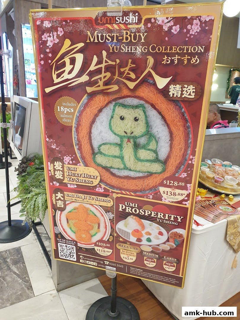 A promotional sign for Umi Sushi's Yu Sheng collection, featuring various festive dishes.