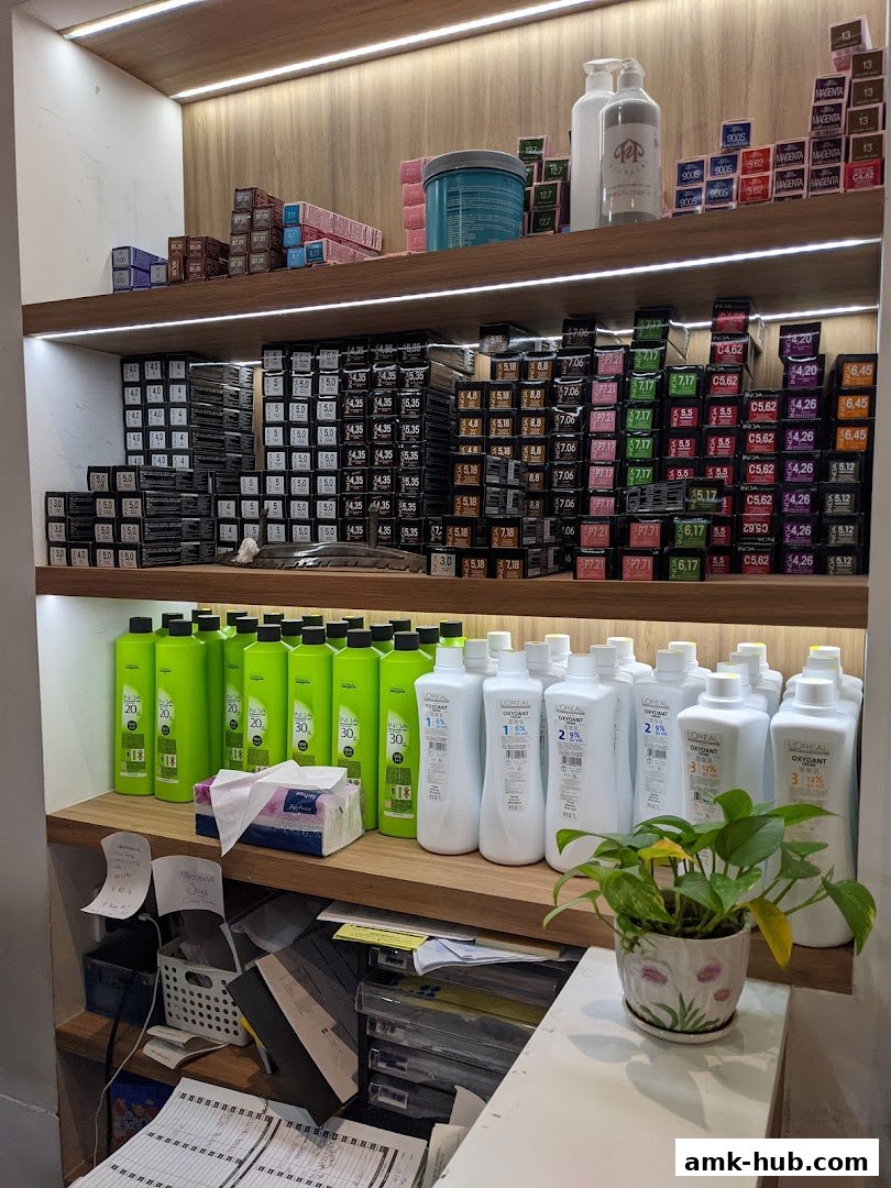 Shelves stocked with hair dye boxes and bottles of hair developer and conditioner.