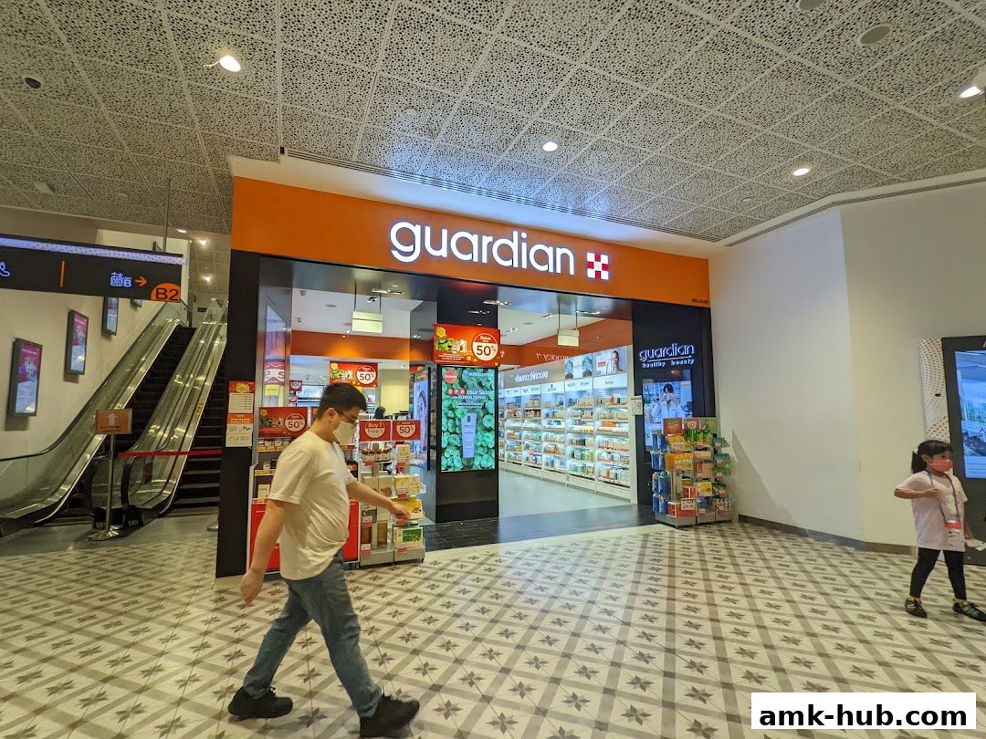The Guardian Health & Beauty store entrance with products displayed and people walking by.