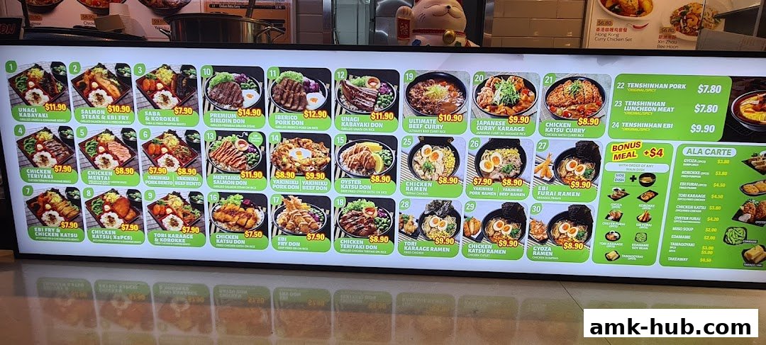 A brightly lit menu board displaying various Japanese dishes with appetizing photos and prices.