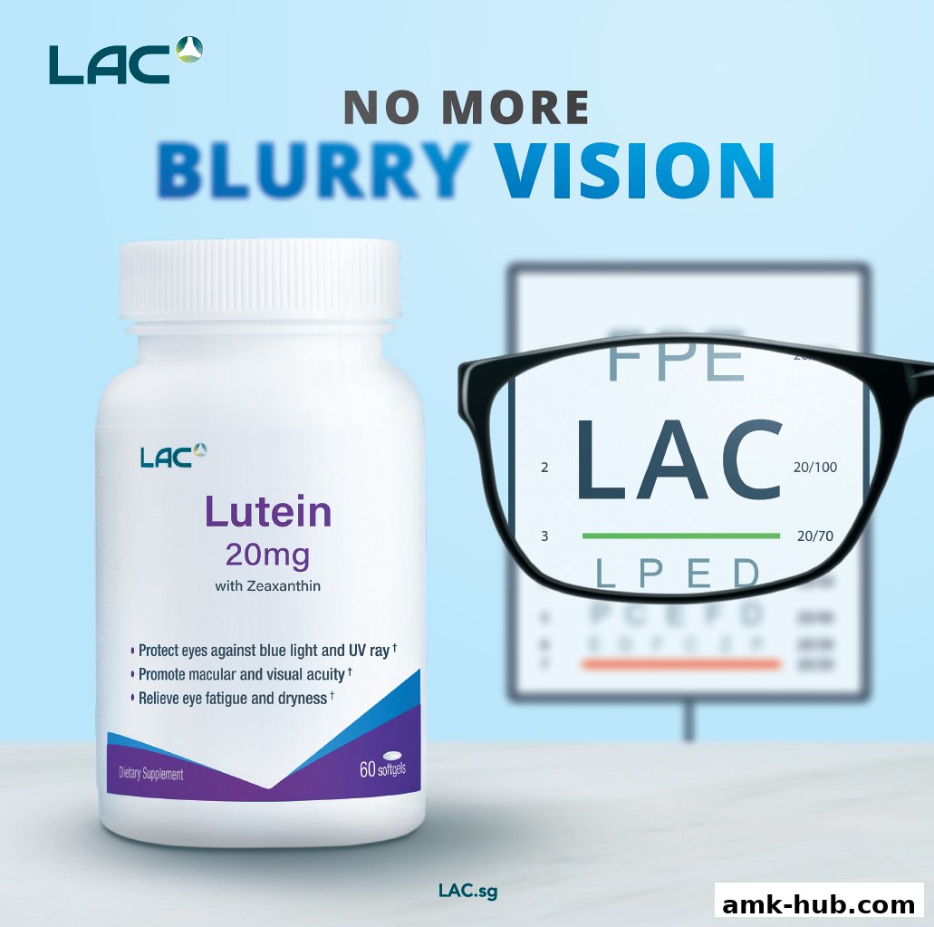 A bottle of LAC Lutein 20mg softgels next to glasses and an eye chart.