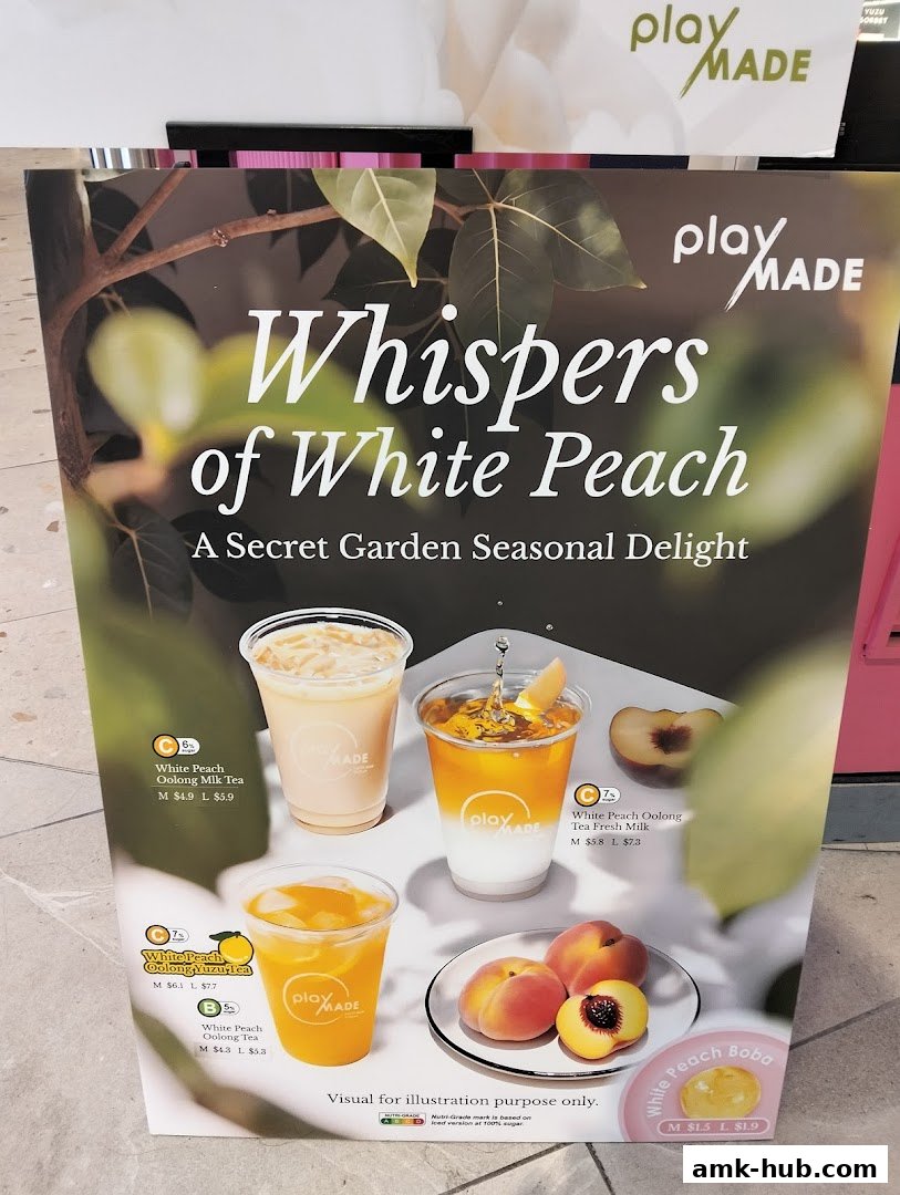 A promotional poster for Playground by PlayMade featuring white peach flavored drinks.
