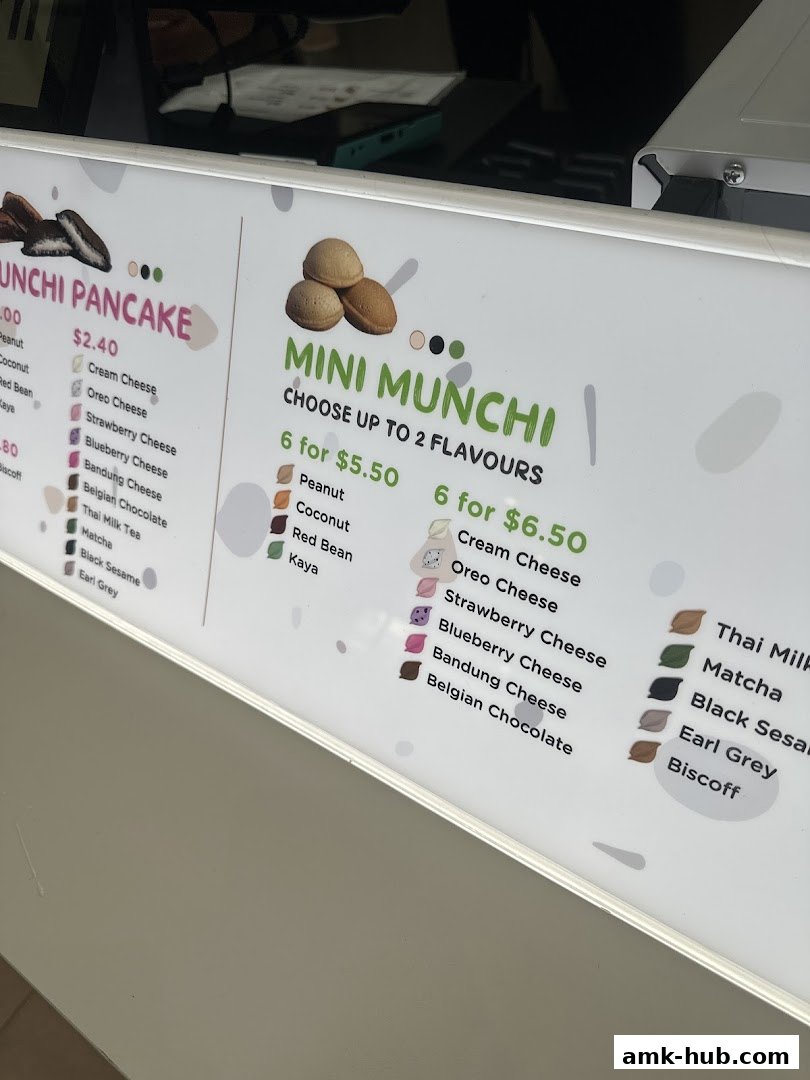 A menu board displaying various pancake flavors and prices for Munchi Pancakes.