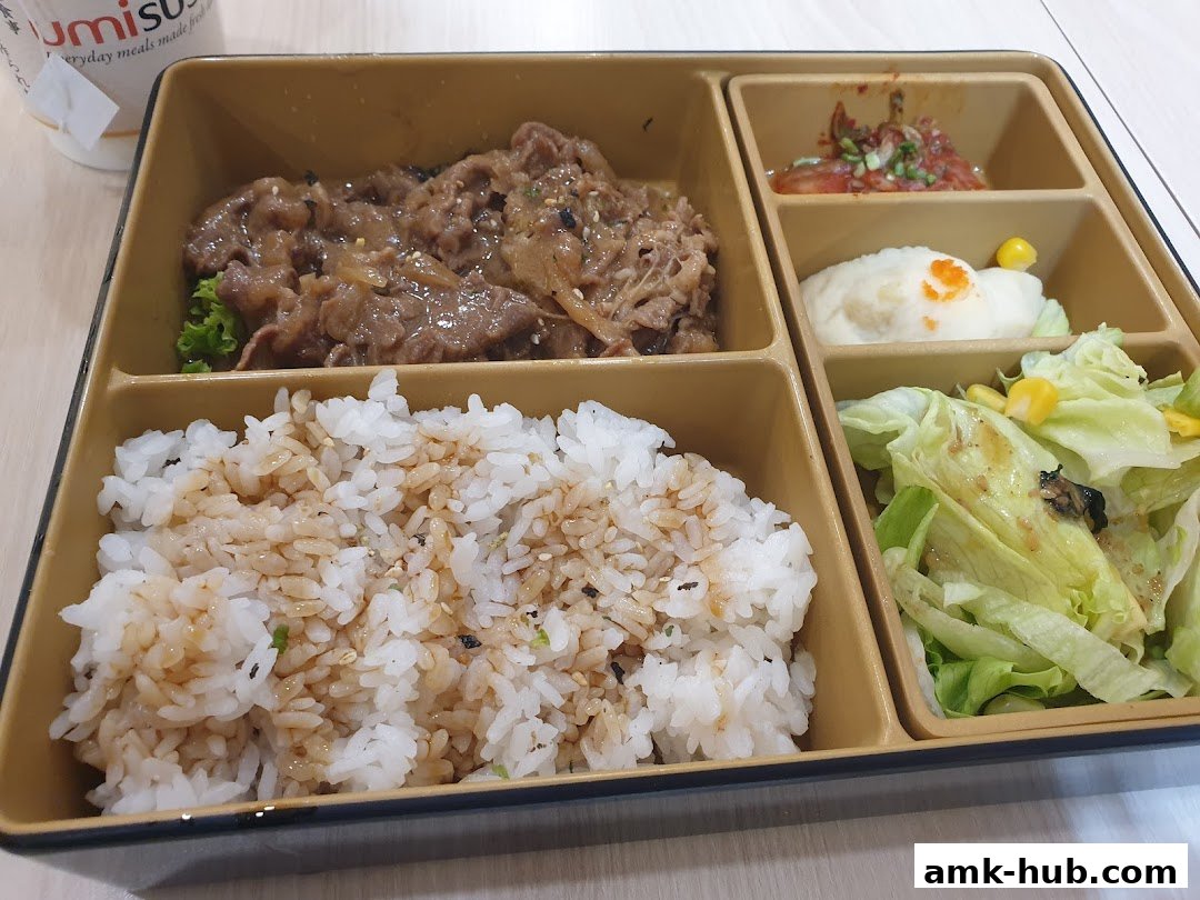 A bento box meal with rice, beef, kimchi, mashed potato, and salad.