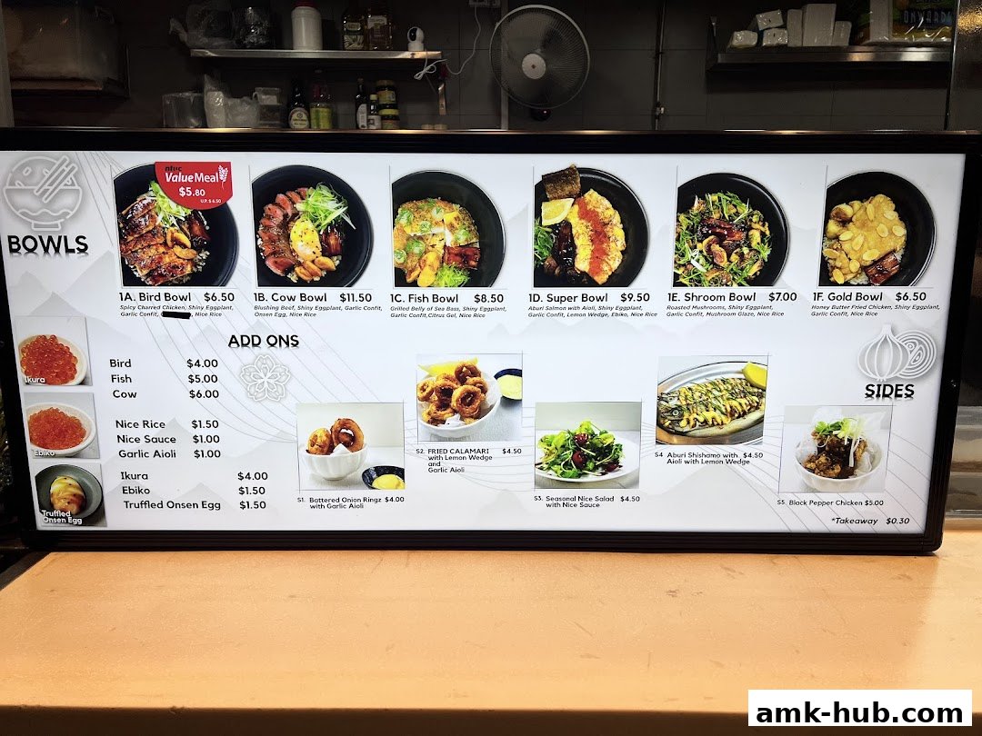 A menu board displaying various bowls, add-ons, and sides with prices.