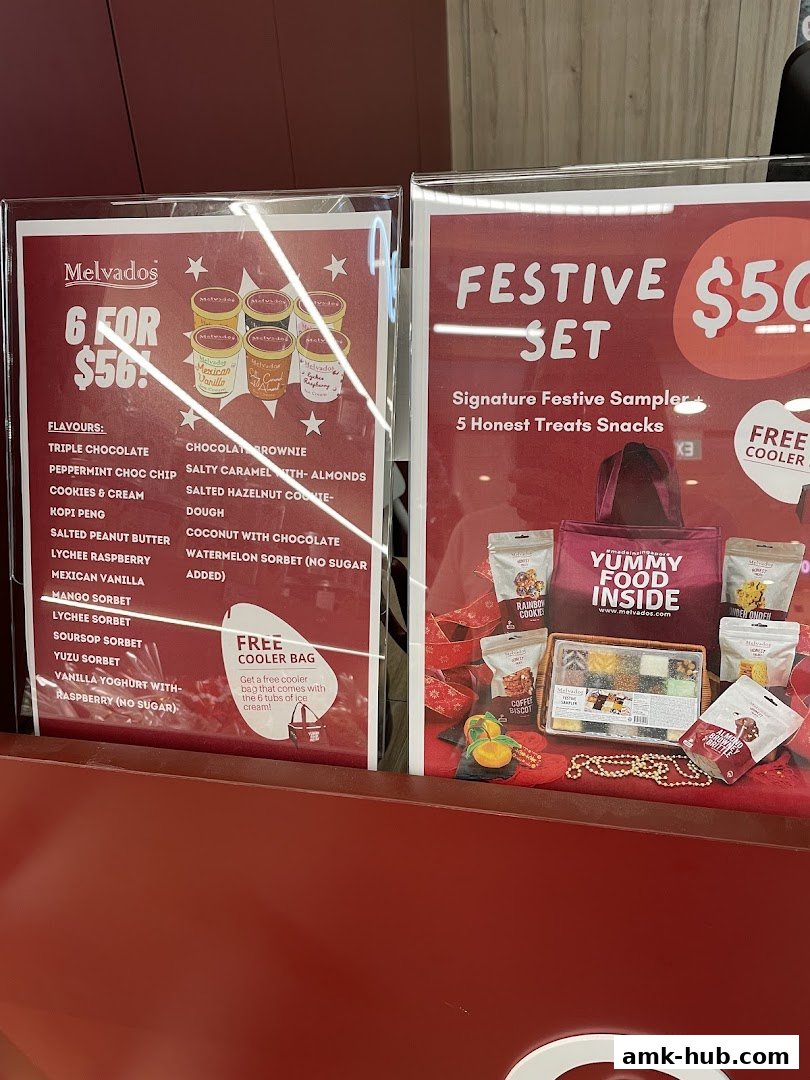 Promotional posters for Melvados ice cream flavors and a festive snack set.