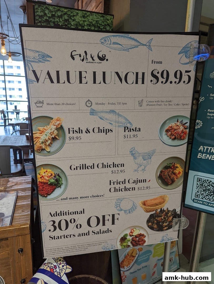 A menu board for Fish & Co. featuring value lunch deals and discounts.