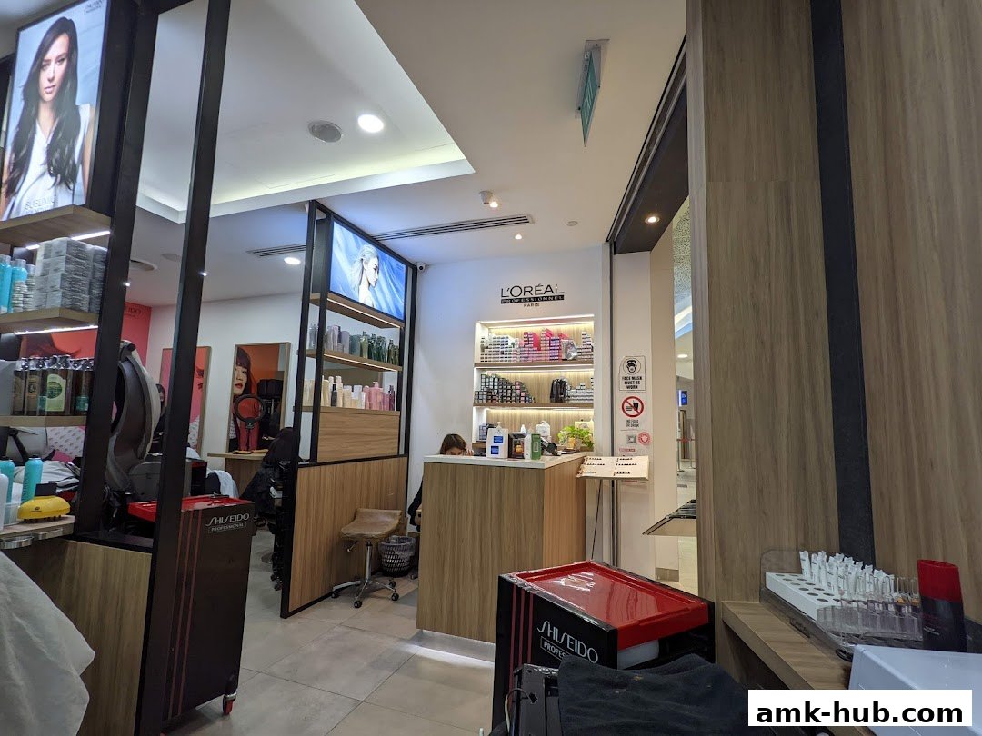 Interior view of a modern hair salon with styling stations and product displays.