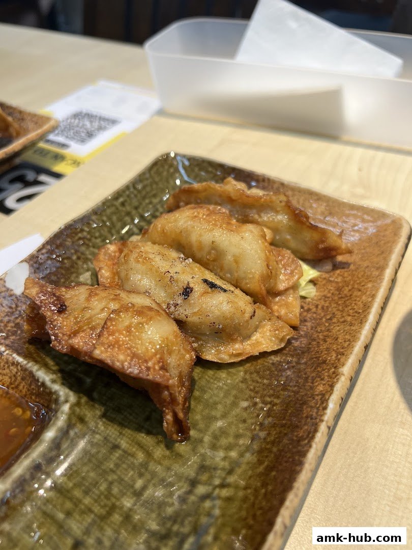 A plate of golden-brown pan-fried dumplings served with a dipping sauce.
