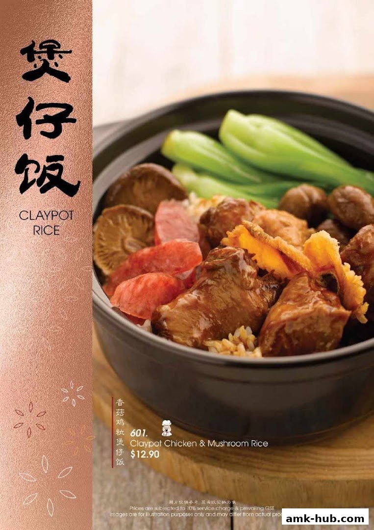 A close-up of a claypot rice dish with chicken, mushrooms, and vegetables.