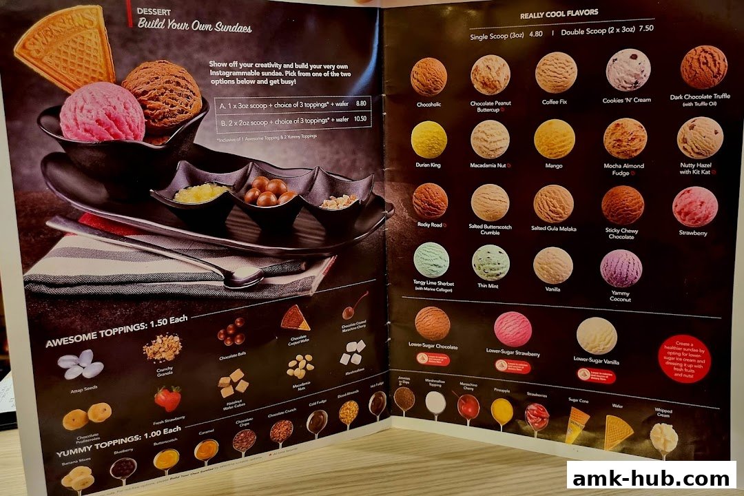 A menu showcasing Swensen's ice cream flavors and build-your-own sundae options.