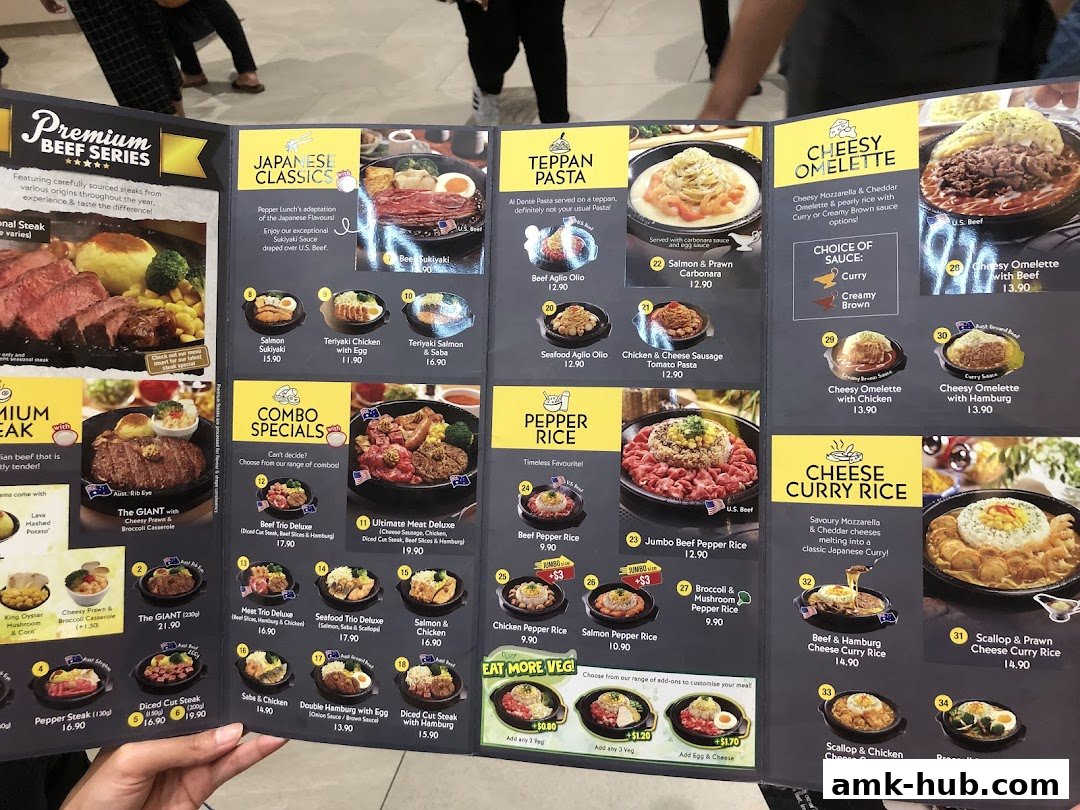 A menu from Pepper Lunch showcasing various beef, pasta, omelette, and rice dishes with prices.
