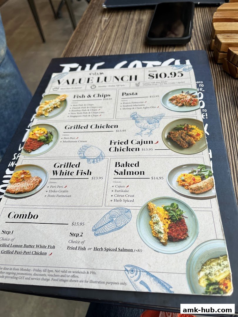 A menu from Fish Co. featuring value lunch options like fish and chips, grilled chicken, and salmon.
