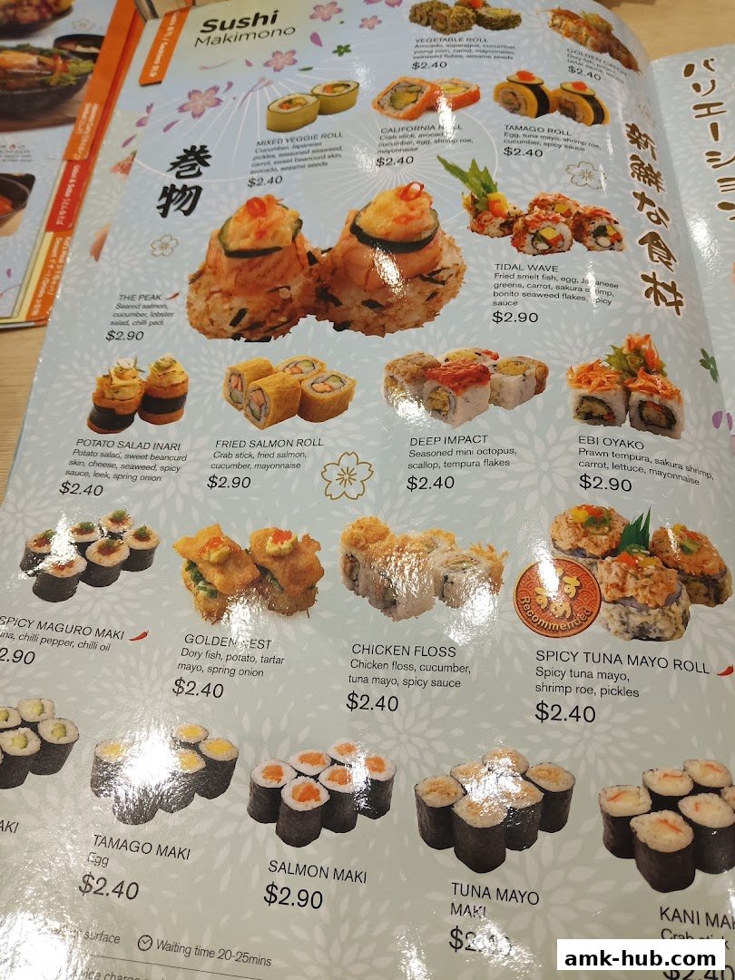 A menu page showcasing various sushi rolls with appetizing images and prices.