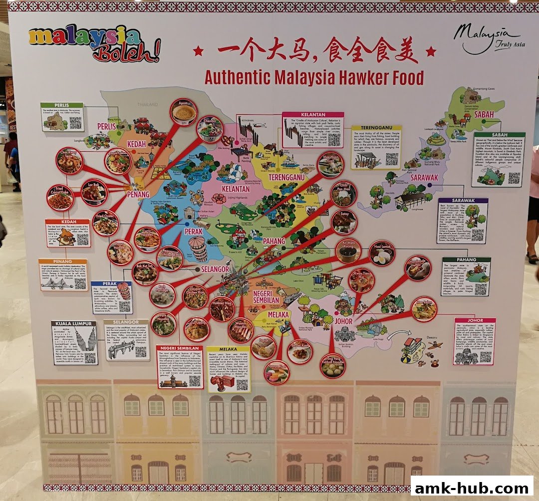 A map of Malaysia showcasing authentic hawker food from various states.