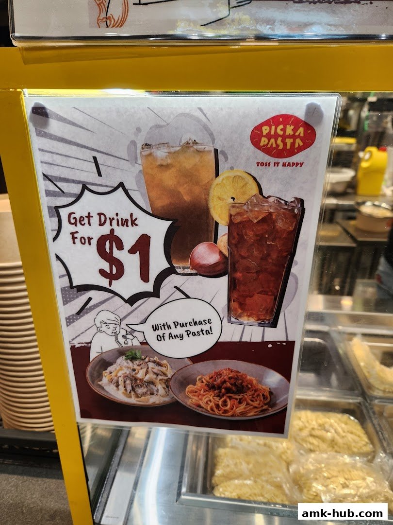 A promotional sign for Big Pasta Small Pasta offering a drink for $1 with any pasta purchase.