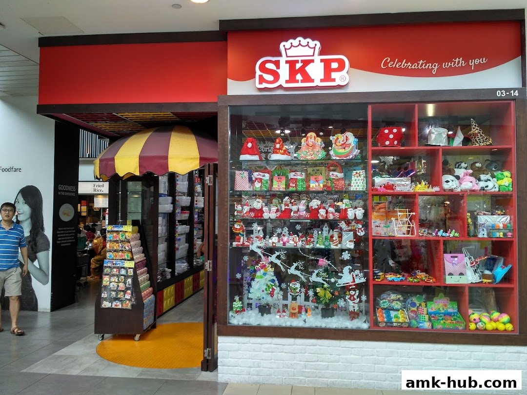 SKP AMK Hub shop front with festive displays and various merchandise.