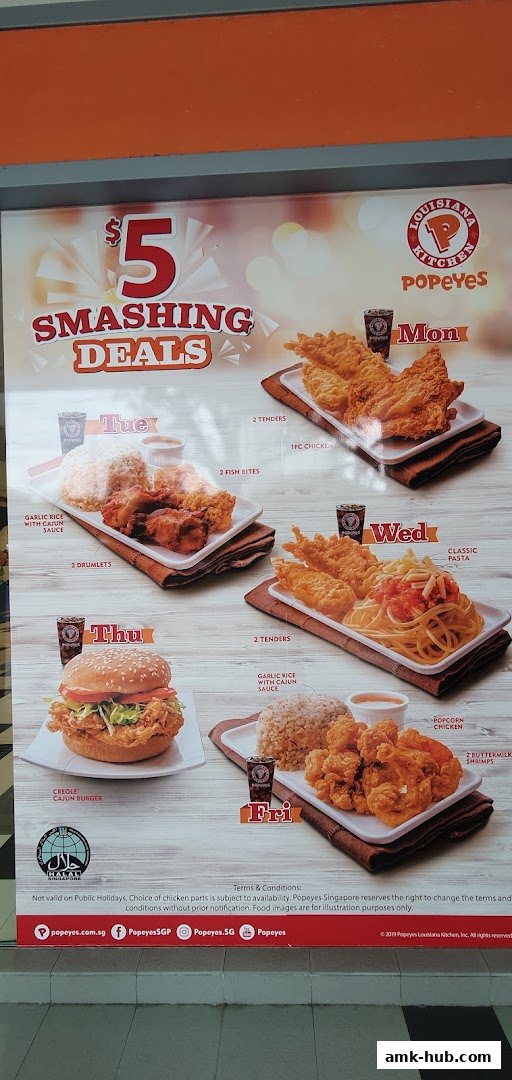 A promotional poster for Popeyes' $5 Smashing Deals, featuring daily meal specials.