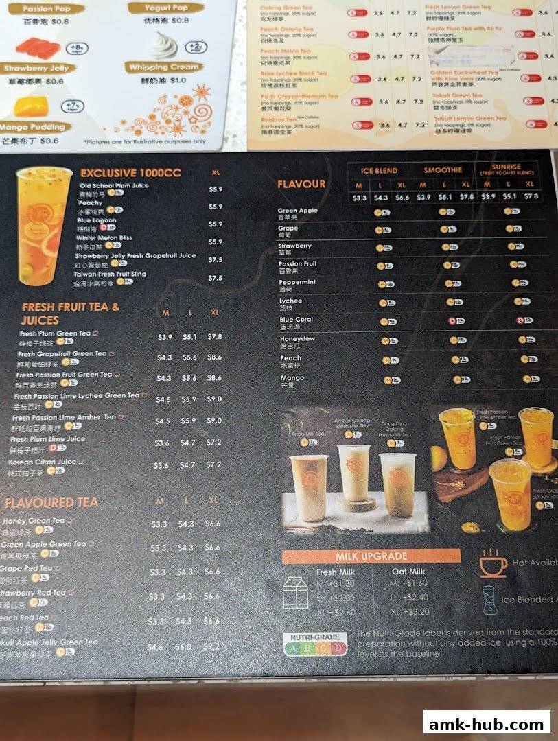 A menu for 'Each A Cup' featuring various fruit teas, flavored teas, and milk upgrades.