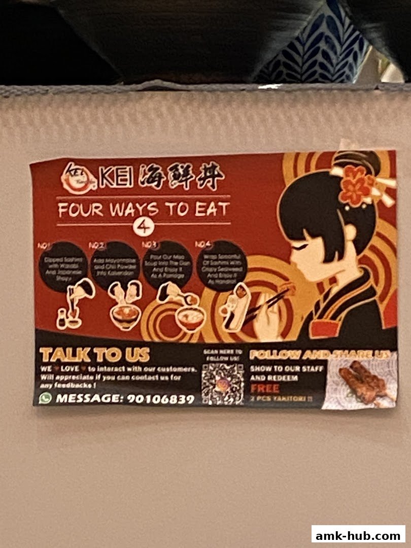 A promotional flyer for Kei Kaisendon showing four ways to eat their dishes.