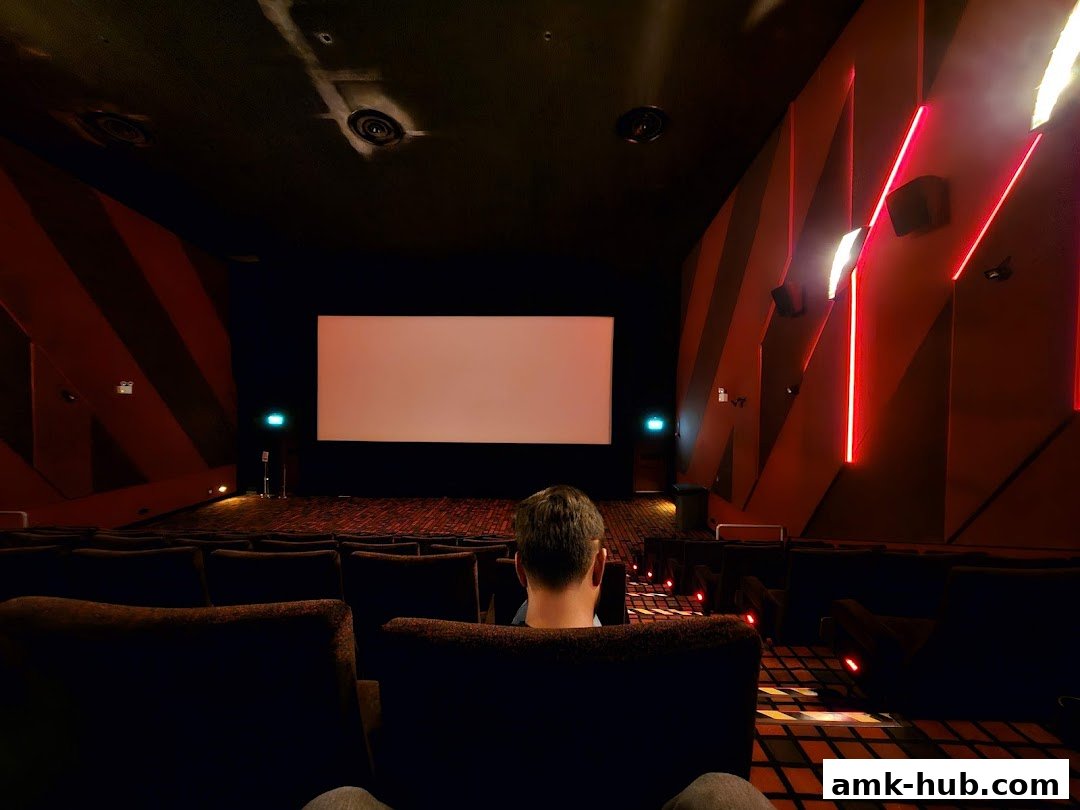 A person sits in a modern cinema hall facing a blank screen with red accent lighting.
