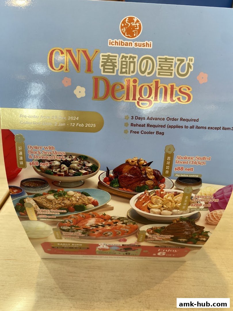A promotional flyer for Ichiban Sushi's CNY Delights featuring various festive dishes.