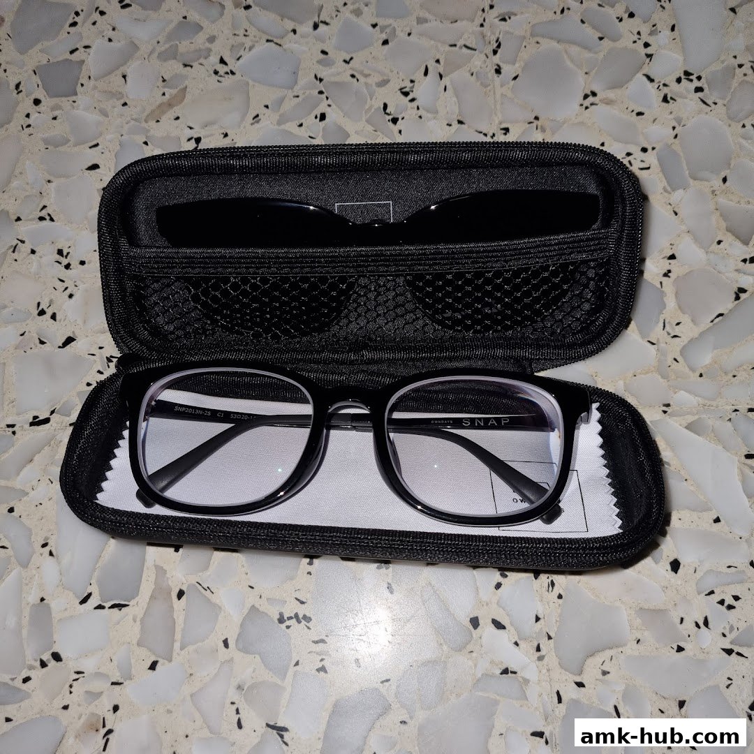 A pair of black-rimmed glasses and clip-on sunglasses in a protective case.