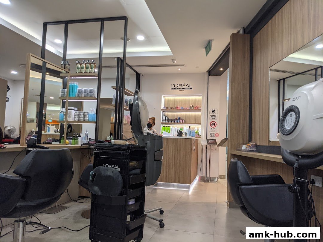 Interior of a modern hair salon with styling chairs, shelves of products, and a reception area.