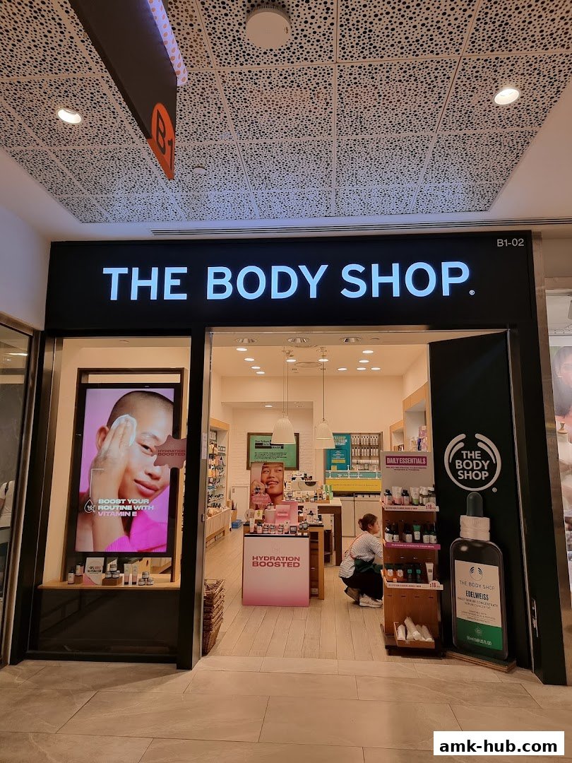 The entrance to The Body Shop, showcasing skincare products and promotional displays.