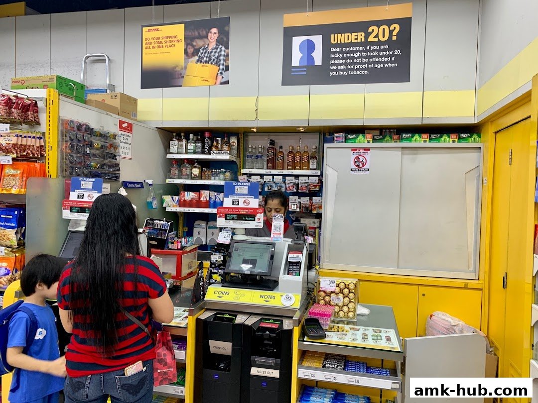 A DHL Express Service Point counter with staff serving customers and various products on display.