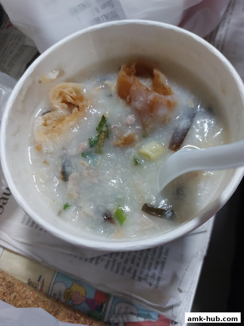 A close-up of a bowl of congee with fried dough sticks and green onions.