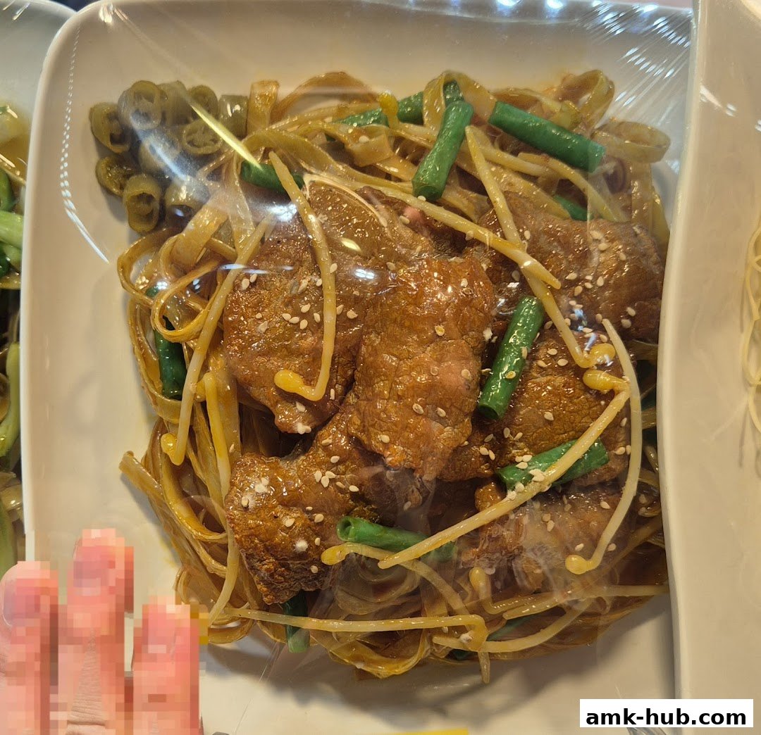 A close-up of a takeaway container filled with noodles, meat, and vegetables.