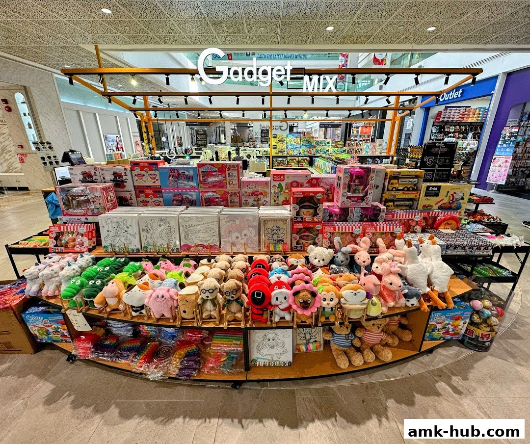 A display of plush toys, coloring books, and other novelty items at Gadget MIX.