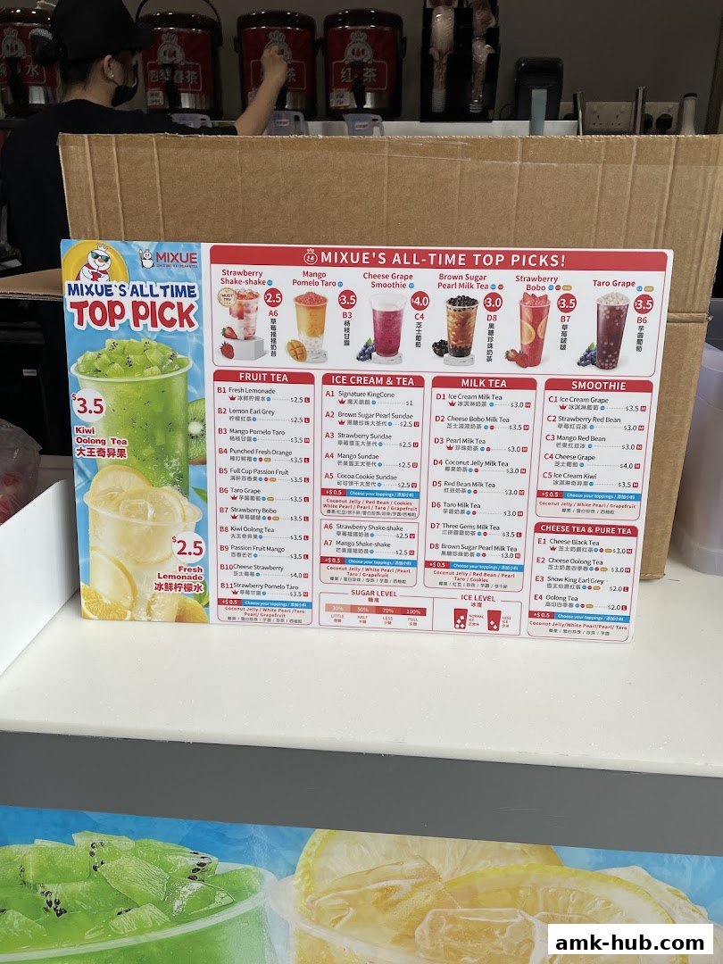 A menu board displaying various fruit teas, milk teas, smoothies, and cheese teas with prices.